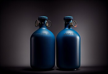 Two blue gas bottles - dark background. Generative AI