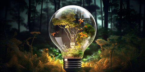 Light Bulb With A Plant Inside Of It Near Forest Background  light bulb with a tree growing out of it Ai Generative