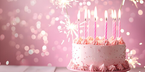 Birthday cake with many pink birthday candles and sparklers against a pink background with copy space