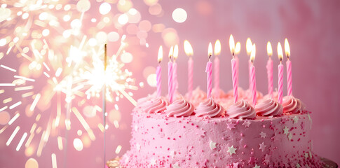 Birthday cake with many pink birthday candles and sparklers against a pink background with copy space