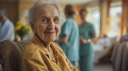 Elderly Woman Sitting in Hospital Chair - obrazy, fototapety, plakaty