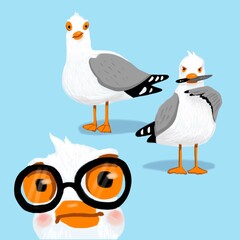 funny children's illustration, three aggressive bandit seagulls