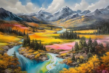 Fototapeta premium landscape painting, landscape scenic view in a green forest with plants