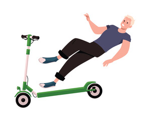 Man without helmet falls from scooter, flat vector illustration isolated.