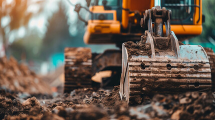 Fototapeta premium Selective focus on metal bucket teeth of backhoe digging soil. Backhoe working by digging soil at construction site. Crawler excavator digging on soil. Earth moving machine. Excavation vehicle 