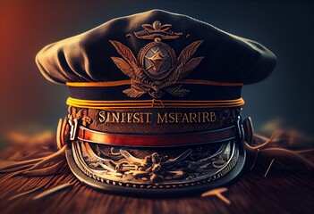 Marine skipper cap or captain hat. Nautical wanderlust and adventure illustration. Ocean explorer sailor logo. Generative AI