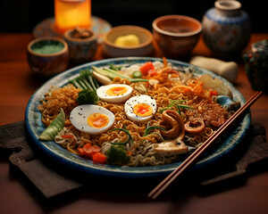 japanese noodle with egg and vegetables on a dark background