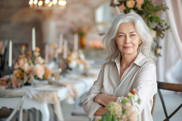 a photograph of an older woman, still with bright blue eyes and a beautiful face, gray hair casually styled, fashionable fashion accentuating her slender posture. Birthday.