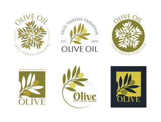 Fototapeta na wymiar Set of vector logos of olive branch with leaves. Modern hand drawn vector olive oil icons. Branding concept for olive oil company, organic, eco-friendly oil products, culinary services