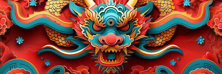 Chinese style dragon colorful illustration. Year of the dragon. Wide format image. 