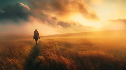 Fotobehang Man Standing on Grass Covered Hill © sandsun