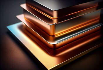 Brushed metallic plates - aluminum, copper and gold. Generative AI