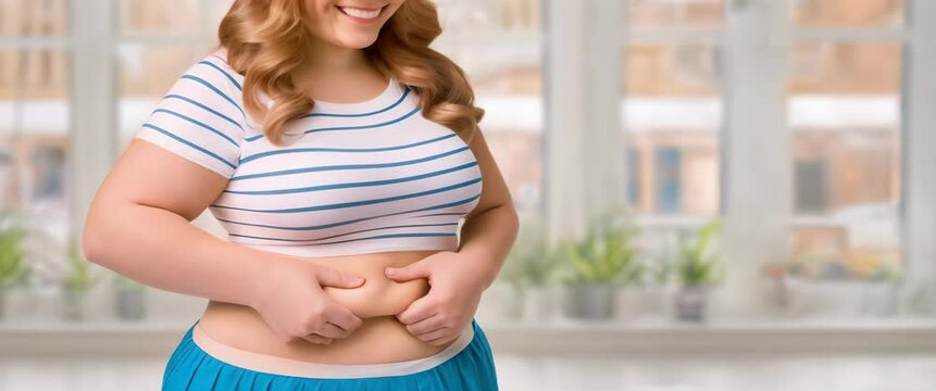 Curvy woman with folds of fat on stomach, no waist, presence of cellulite, concept of fight against excess weight, overweight. Adult girl with bare belly