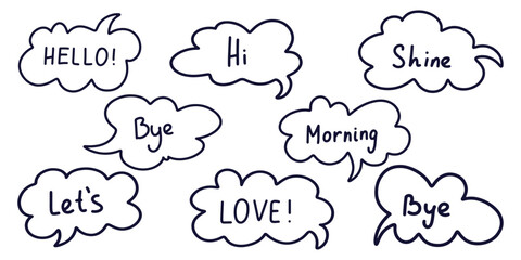 Set of doodle-style web stickers. Clouds with inscriptions hello, bye, light and, love, let's, handwritten. Message stickers for design and printing on white background.
