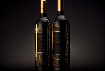 3d render of two gold wine bottles with a black label on a black background. Generative AI