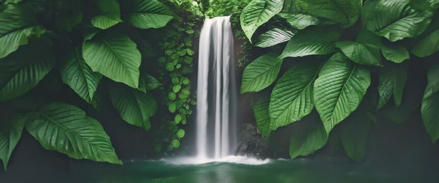 Waterfall hidden in green tropical rain forest jungle. Green leaves background. Panorama with copy space