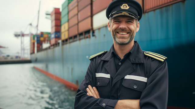 Captain in Uniform Standing in Front of Large Ship