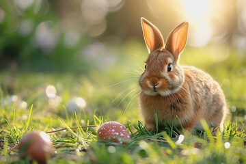 Fototapeta premium Energetic easter bunny delightfully scouring grass for hidden eggs in a festive hunt. AI Generated