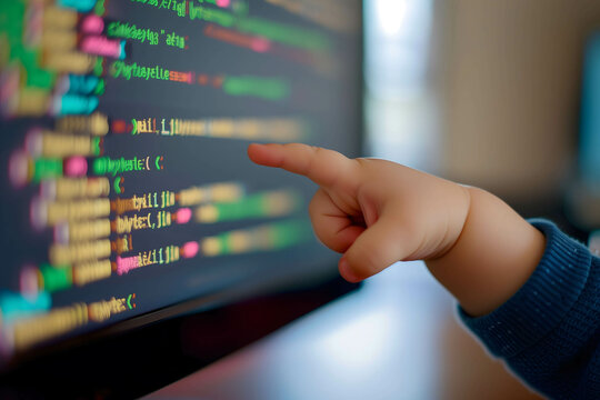 close up of baby hand point on a coding monitor, Learn programming from a young age concept