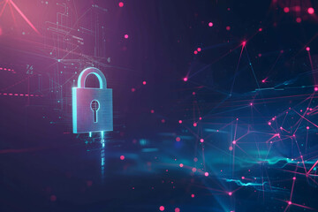 padlock on digital technology background, safety of information and data in online or social
