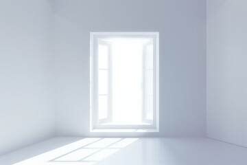 A window in a white empty room with bright sunlight