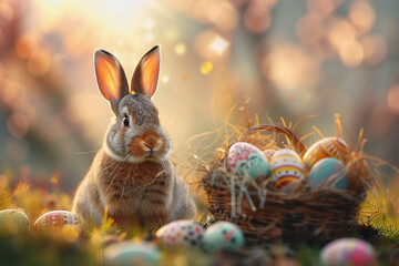 Fototapeta na wymiar Energetic easter bunny delightfully scouring grass for hidden eggs in a festive hunt. AI Generated