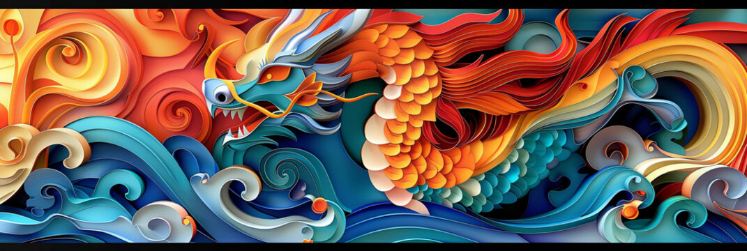 Chinese style dragon colorful illustration. Year of the dragon. Wide format image. 