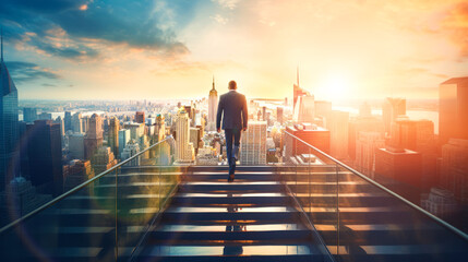 a modern businessman confidently climbs a staircase in the heart of a bustling city. copy space. determination, ambition, Business training, personal growth, leadership, success concept.