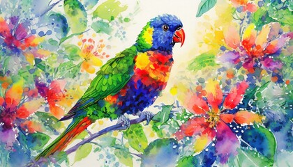 Rainbow lorikeet in a tropical colored scene with flowers and vibrant colors, artwork for posters, decoration, wallpapers and postcards