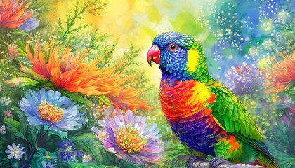Rainbow lorikeet in a tropical colored scene with flowers and vibrant colors, artwork for posters, decoration, wallpapers and postcards
