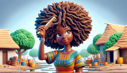  African woman combing her afro hair