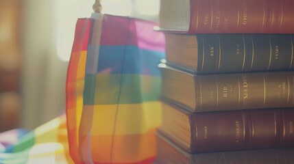 The Holy Bible on rainbow flags, which are the colors that the transgender LGBT community use to show their PRIDE.
