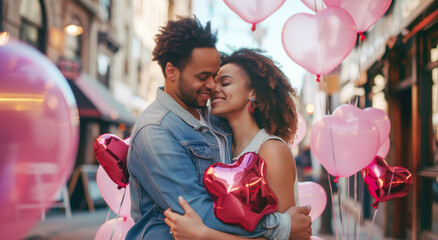 Affectionate couple embracing amidst heart-shaped balloons on a city street, sharing a tender moment of love and happiness