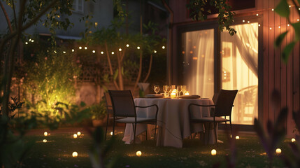 Intimate garden dinner setting with glowing candles and string lights at twilight, showcasing a romantic ambiance