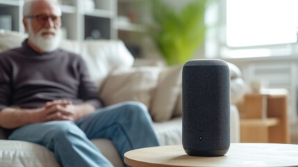 Senior using voice controlled smart speaker and personal asistent, smart device concept, technologies, gadget, background minimalistic. Concept of Smart Home and Automation