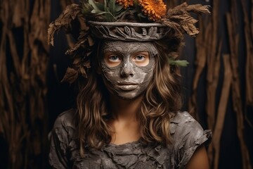 Portrait of Beautiful Girl with Clay Mask on Face