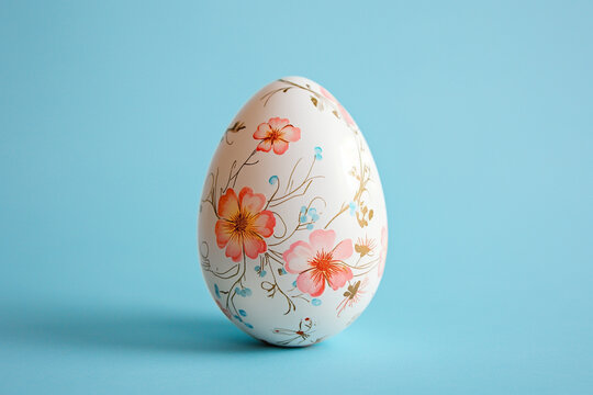 White egg decorated with flowers on blue background. The minimal Easter concept. Card with a copy space.