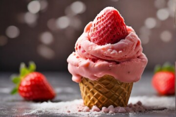 Strawberry ice cream in a sugar cone, decorated with sliced strawberries