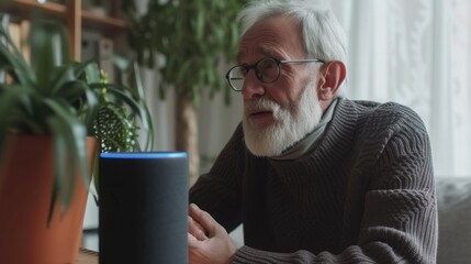 Senior using voice controlled smart speaker and personal asistent, smart device concept, technologies, gadget, background minimalistic. Concept of Smart Home and Automation