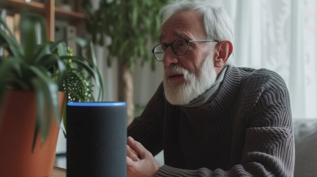 Senior using voice controlled smart speaker and personal asistent, smart device concept, technologies, gadget, background minimalistic. Concept of Smart Home and Automation