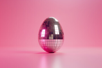 Disco ball egg on pink background. Creative Easter celebration concept. Copy space