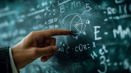 The teacher's hand points to the equation of relativity of Albert Einstein. E equals m multiplied by c squared. In the concept of a physics equation ring and a dark blue background. physics education
