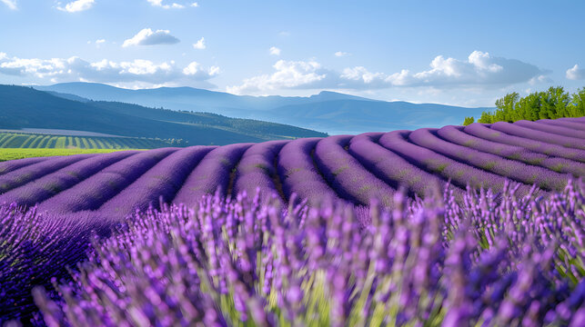 A photo of the Lavender fields of Provence, with rolling purple blooms as the background, during a sunny day