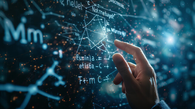 The teacher's hand points to the equation of relativity of Albert Einstein. E equals m multiplied by c squared. In the concept of a physics equation ring and a dark blue background. physics education