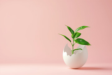 Creative spring time concept with green plant in the eggshell on pinky background. Copy space. Banner - obrazy, fototapety, plakaty