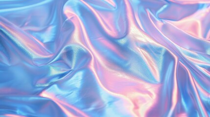 Fototapeta premium Blurred Holography abstract background in blue pink colors. Holographic color wrinkled pearlescent foil. Holographic iridescent rainbow fabric abstract background