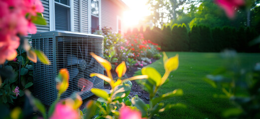 Air source heat pump installed in residential building. Made by generative AI.