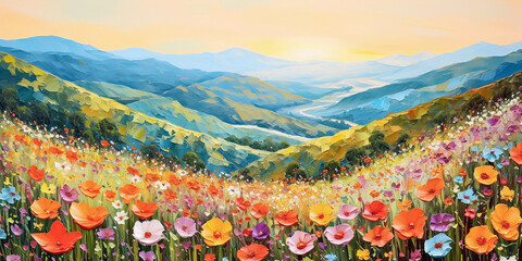 Beautiful spring landscape with colorful poppy flowers in mountains. Horizontal oil painting, impasto