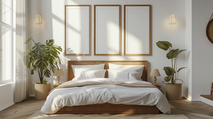 Bright and Airy Bedroom with Wooden Bed Frame and Lush Plant Decor