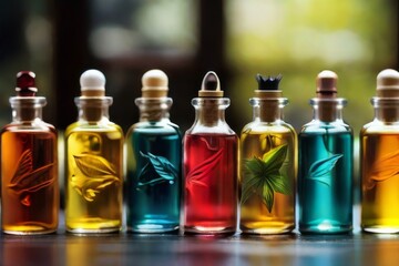 Collection of colorful bottles containing different types of natural cosmetic oils